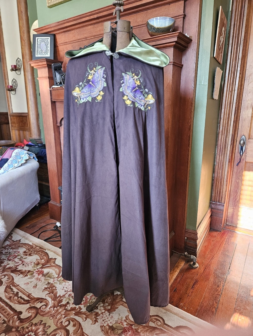 Embroidered Hooded Cloak - Dark Brown with Sage Lining